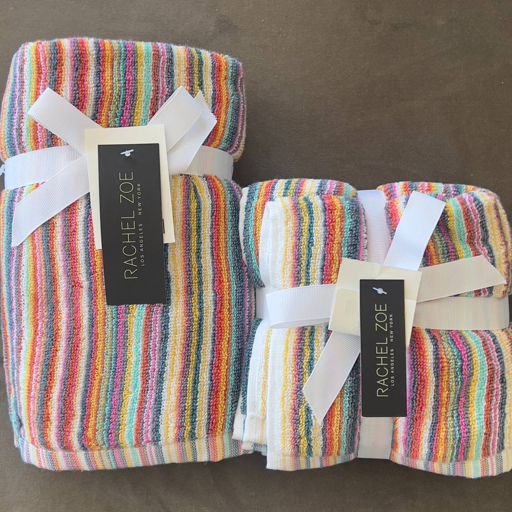 Rachel Zoe 6pc Cotton Rainbow Striped Multicolored 2 Hand 4 Washcloth Towels New